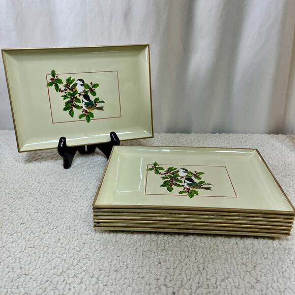 Gibson Greetings Chickadees & Holly Otagiri Lacquerware Snack Tray Set of 8 VTG - Picture 1 of 11